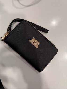 Black Zip Wristlet Wallet with Gold Crest Hardware